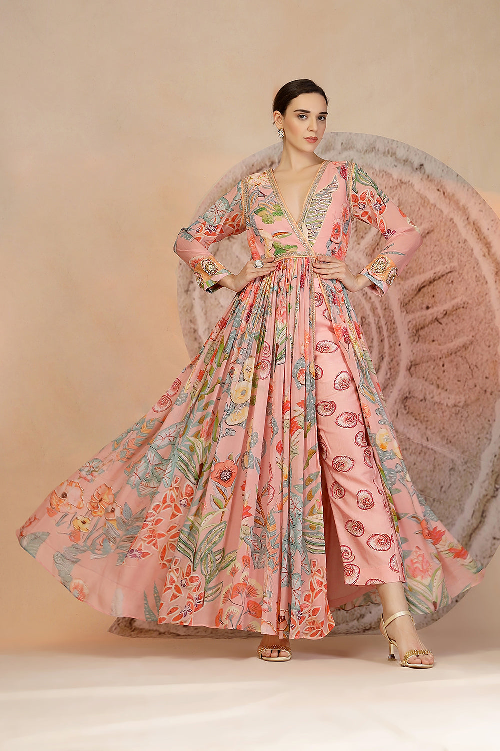 Pastel Pink Anarkali Kurta Set with Coral Print Pants & Embroidery