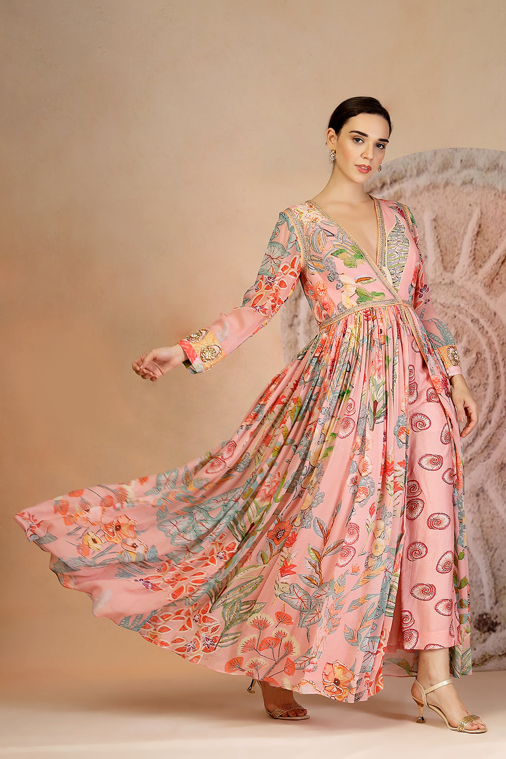 Pastel Pink Anarkali Kurta Set with Coral Print Pants & Embroidery