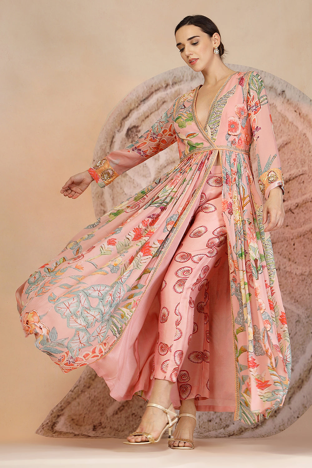 Pastel Pink Anarkali Kurta Set with Coral Print Pants & Embroidery