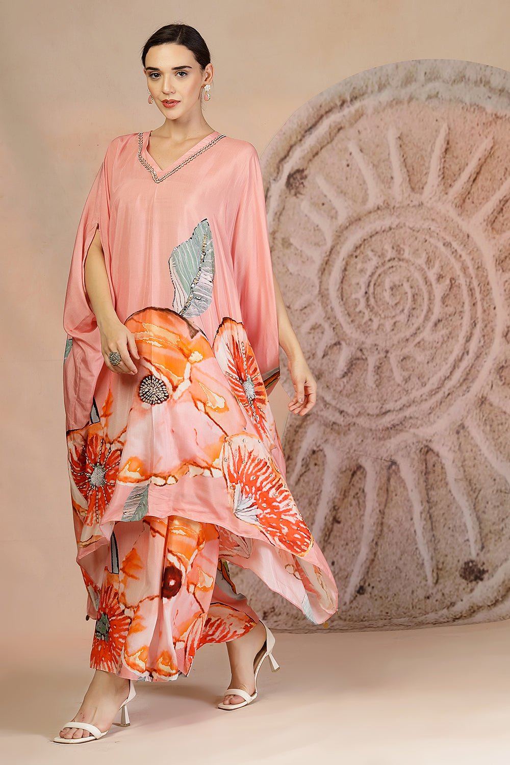Pastel Pink Floral Muslin Silk Kaftan Set with Metal Beadwork