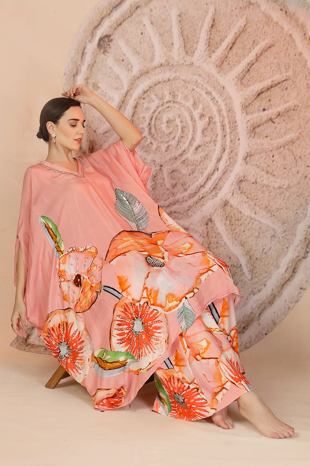 Pastel Pink Floral Muslin Silk Kaftan Set with Metal Beadwork