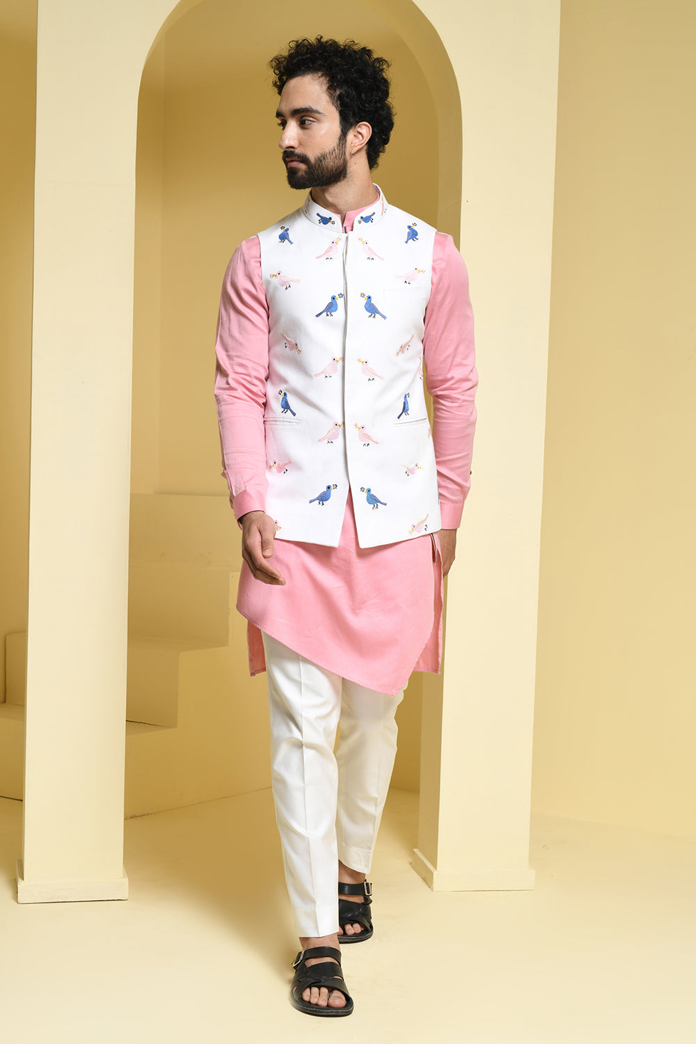 Pastel pink Kurta Pants with contrasting cotton embroidered jacket