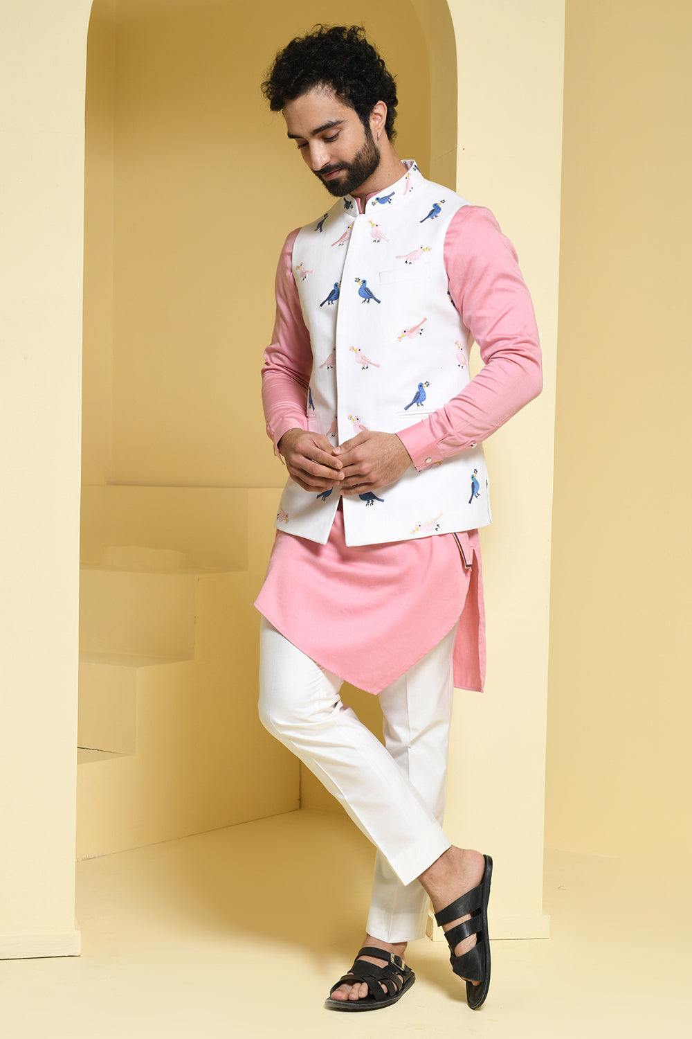 Pastel pink Kurta Pants with contrasting cotton embroidered jacket