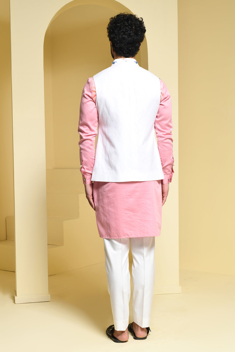 Pastel pink Kurta Pants with contrasting cotton embroidered jacket