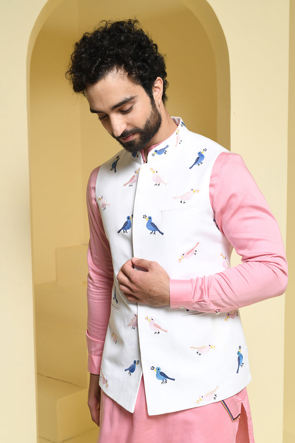 Pastel pink Kurta Pants with contrasting cotton embroidered jacket