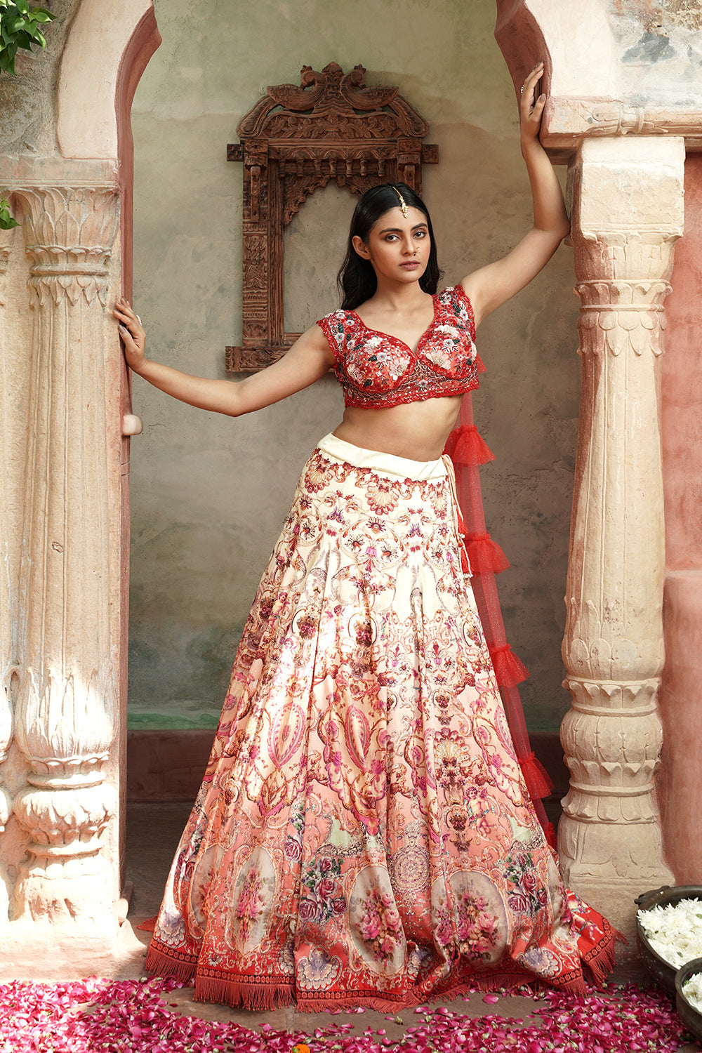 Peach & Red Floral Embroidered Bridal Lehenga With Ruffle Dupatta