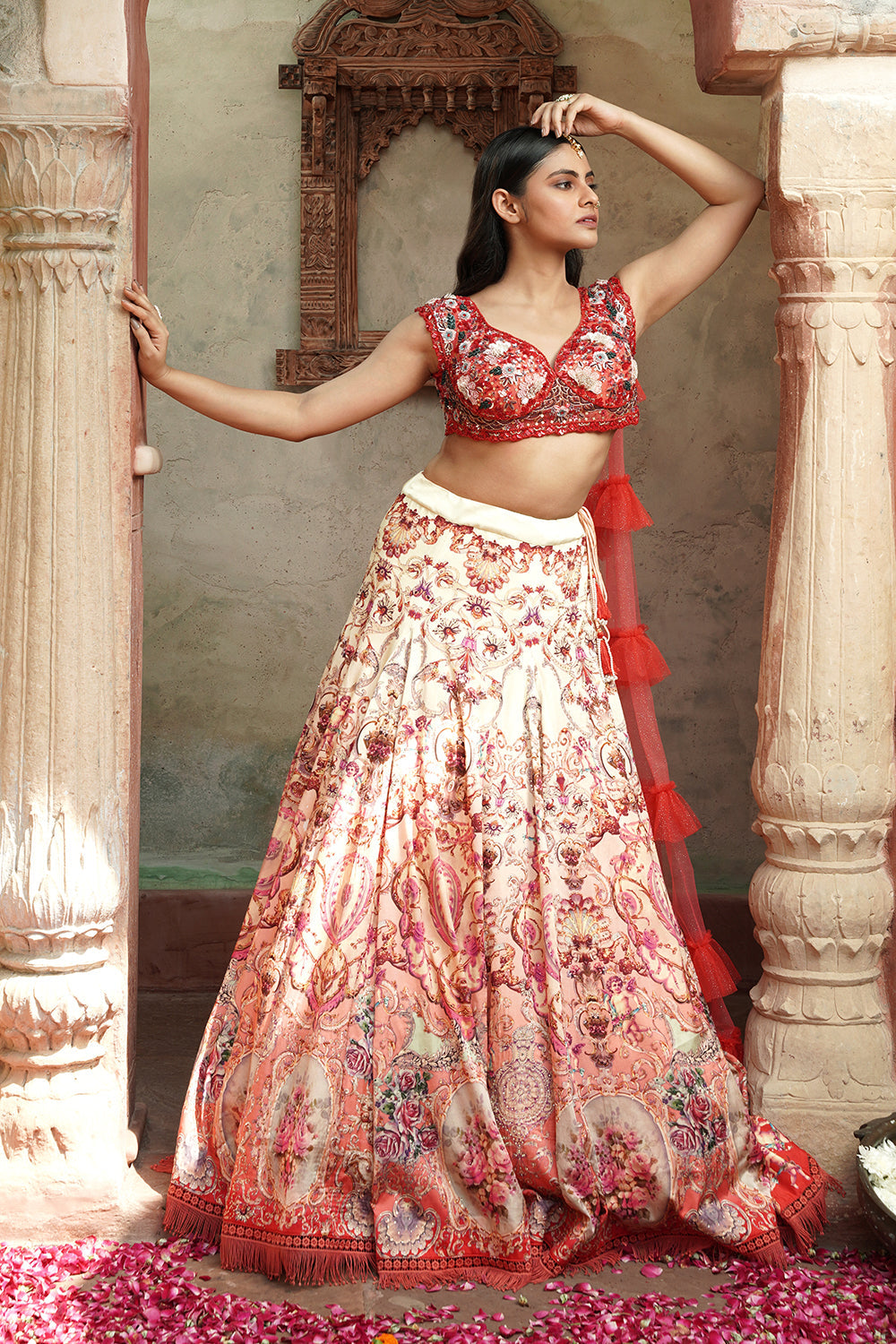 Peach & Red Floral Embroidered Bridal Lehenga With Ruffle Dupatta