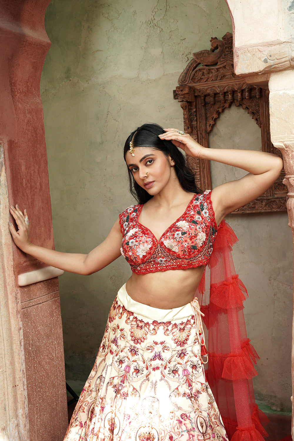 Peach & Red Floral Embroidered Bridal Lehenga With Ruffle Dupatta