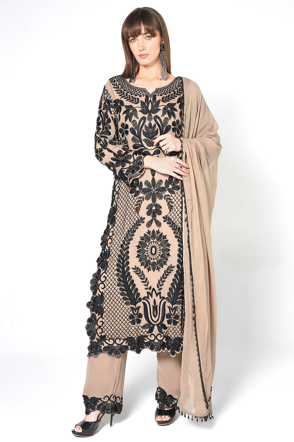 Peach Georgette Kurta Set Featuring Intricate Black Embroidery And Sheer Dupatta