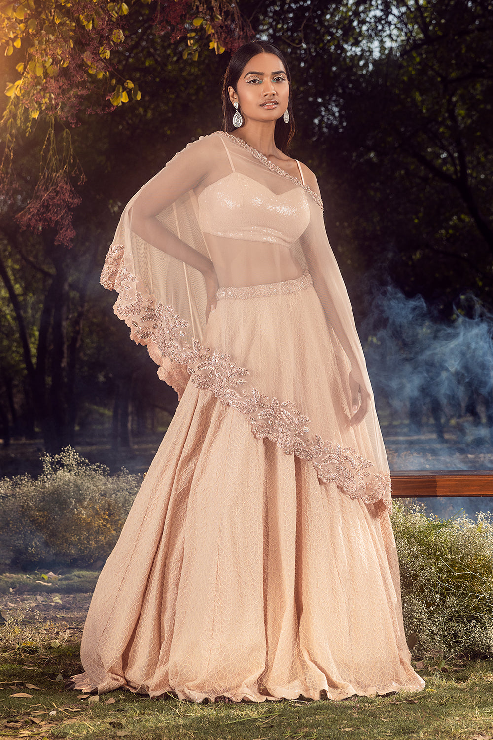 Peach Lehenga Set With Cape And Bustier