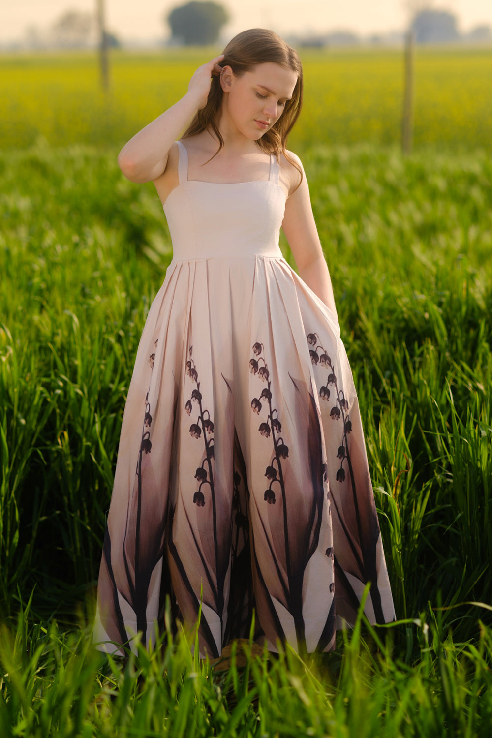 Peach Lilies Meadow Long Dress
