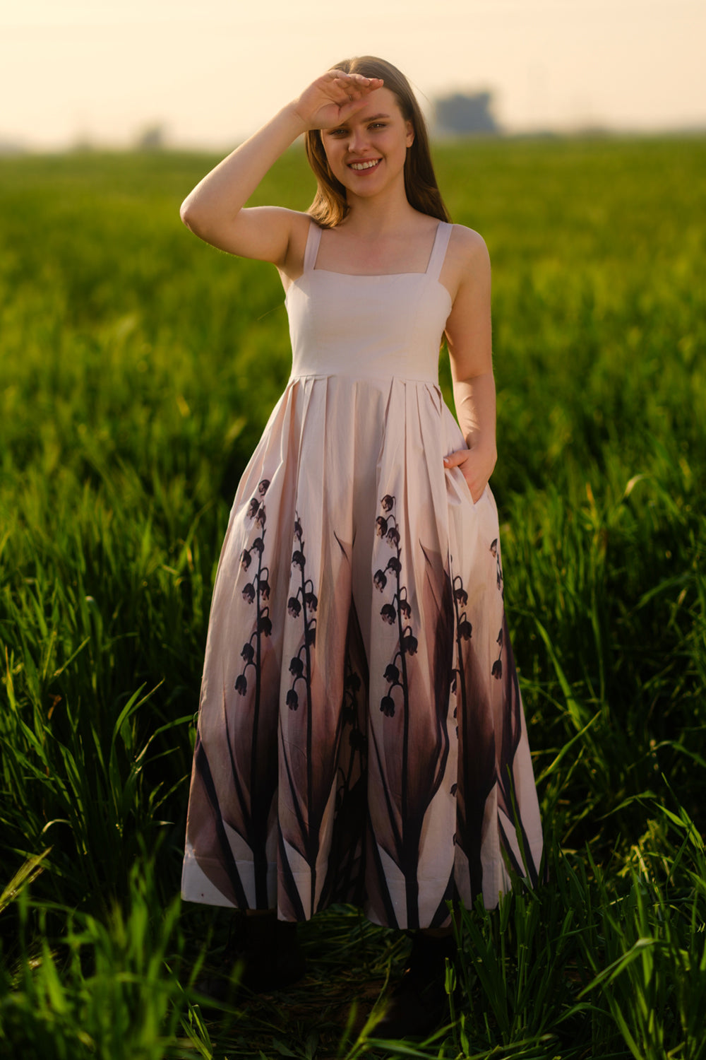 Peach Lilies Meadow Long Dress