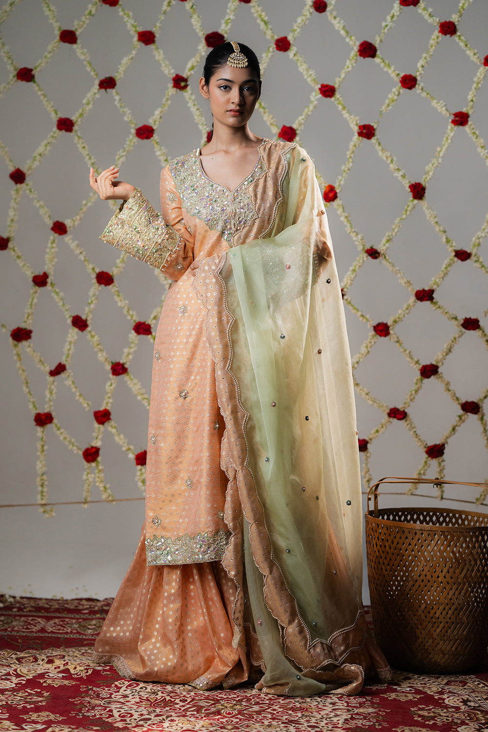 Peach Melon Booti Tissue Gharara Set