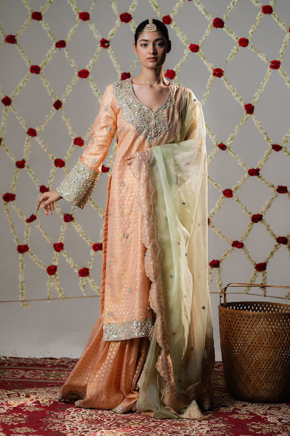Peach Melon Booti Tissue Gharara Set