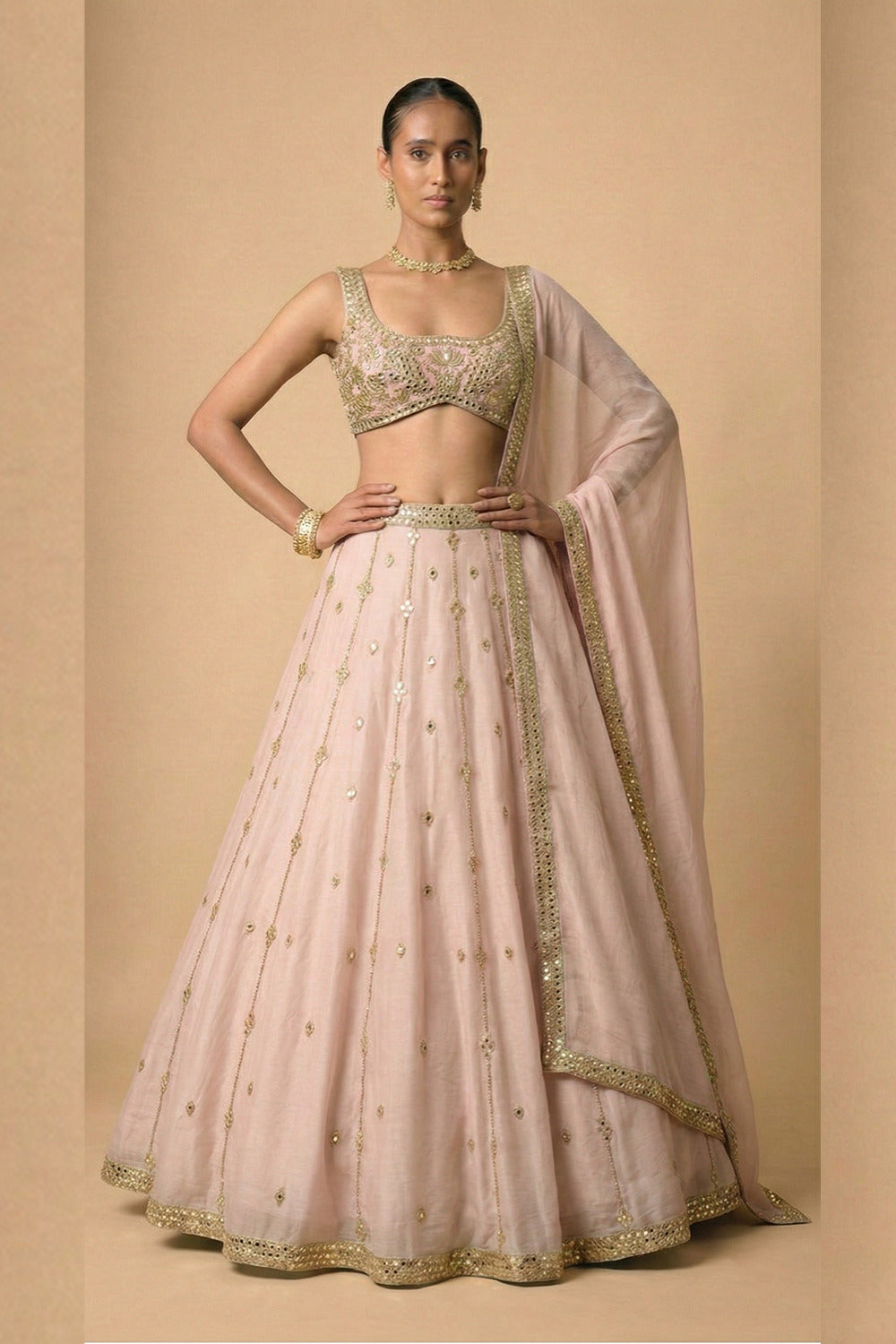 Peach mirror embroidery satin organza lehenga set