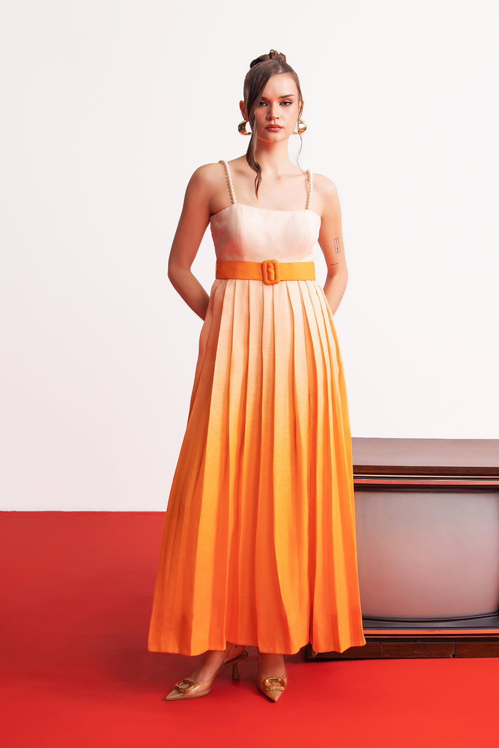 Peach Orange Ombre Pleated Maxi Dress