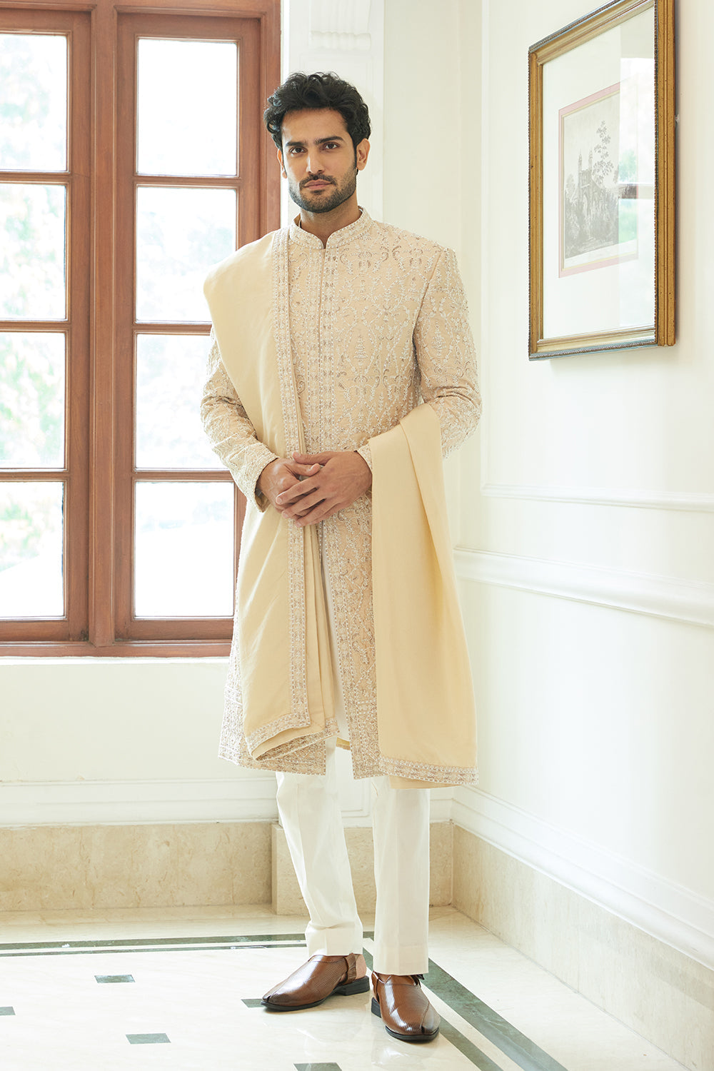 Peach Sherwani Kurta Trouser Set