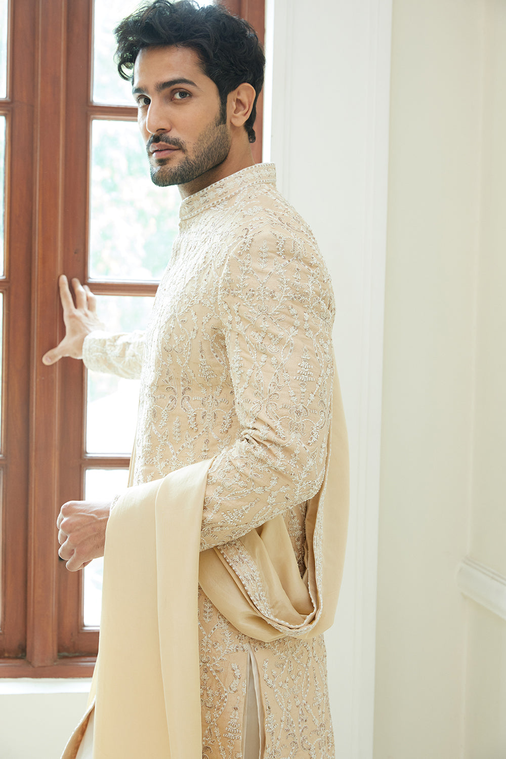 Peach Sherwani Kurta Trouser Set