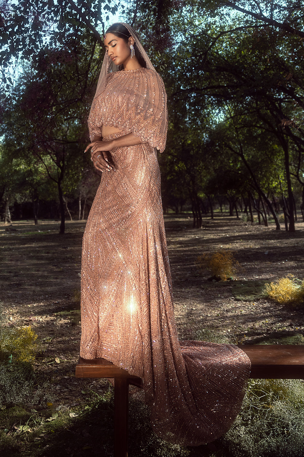 Peach Skirt With Cape,Butsier And Veil