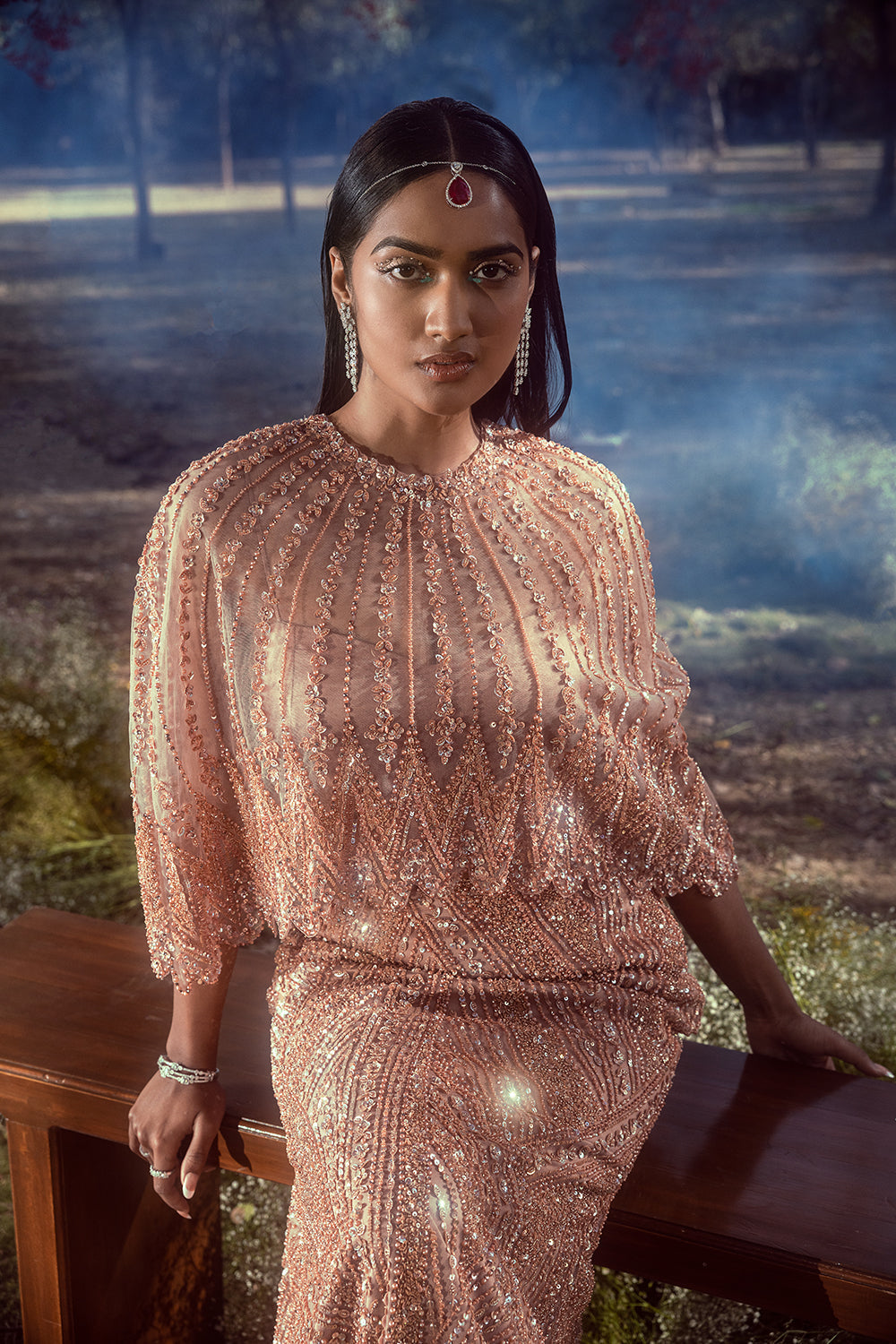 Peach Skirt With Cape,Butsier And Veil