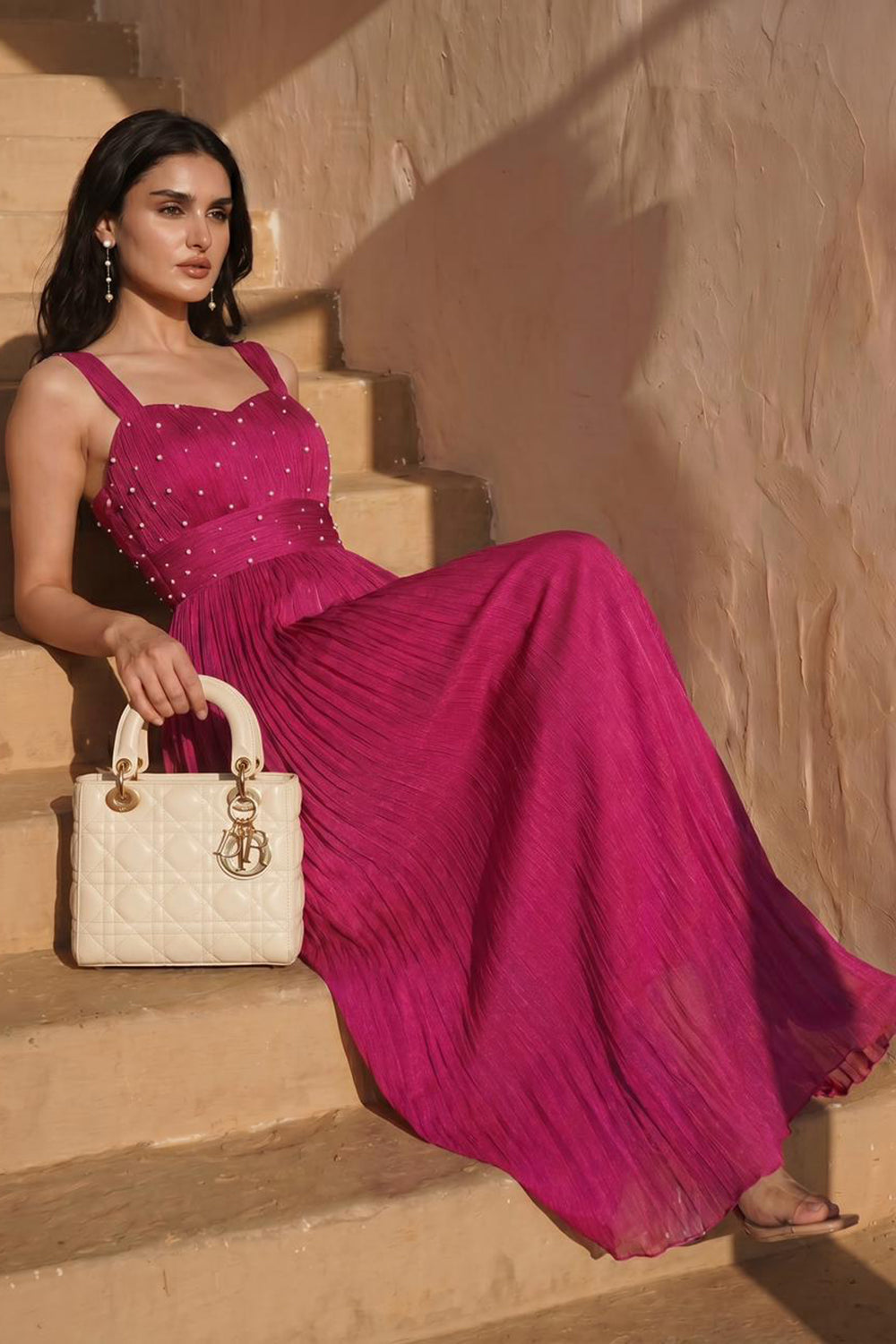 Pearl Embellished Magenta Pink Pleated Gown