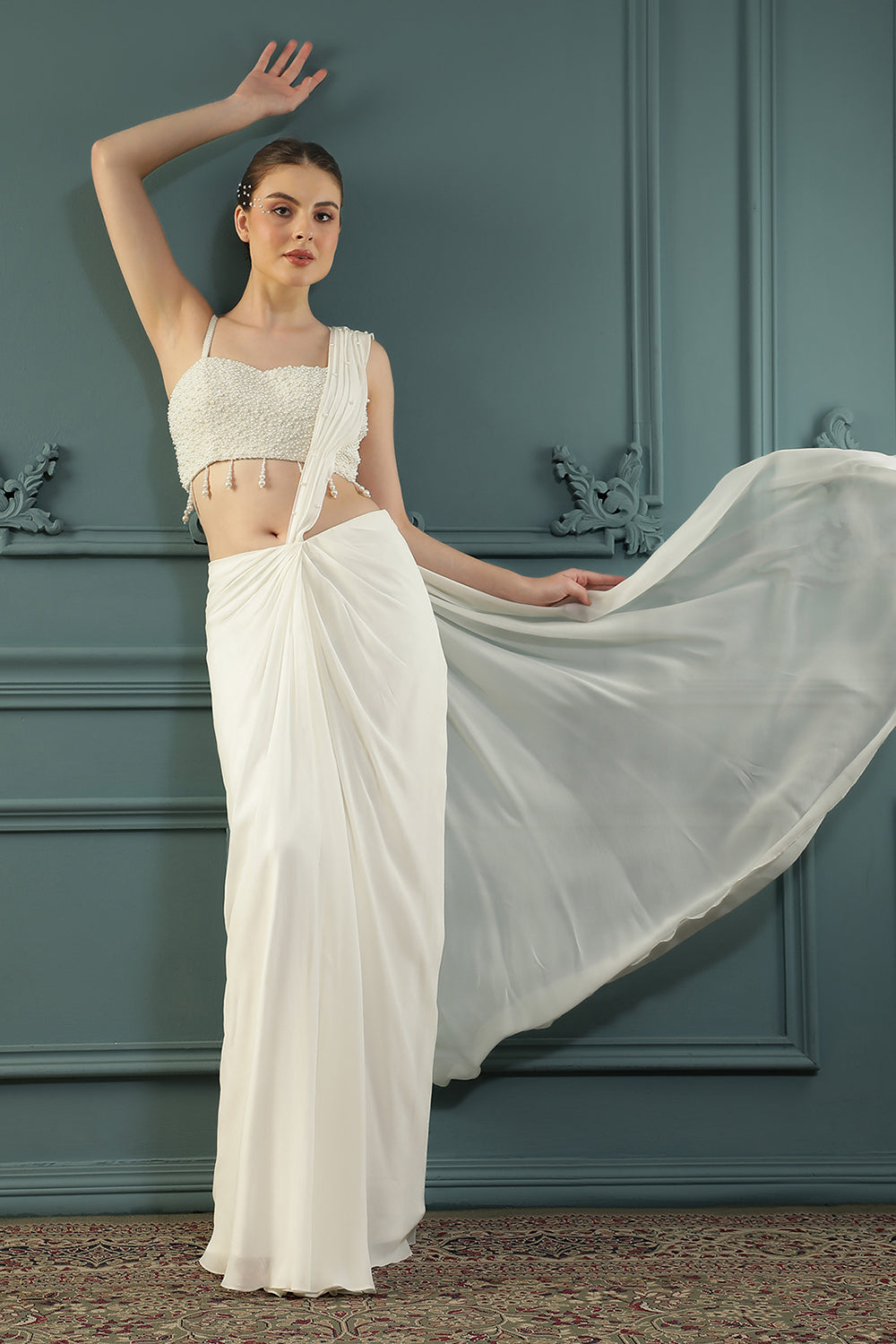 Pearl White Pre-Drape Saree