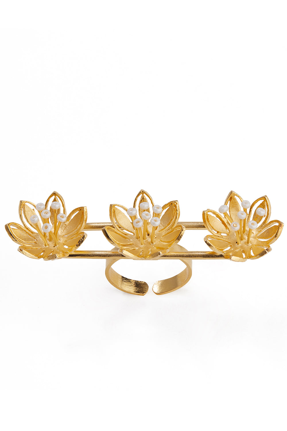Pearly Golden Flower Three Finger Ring
