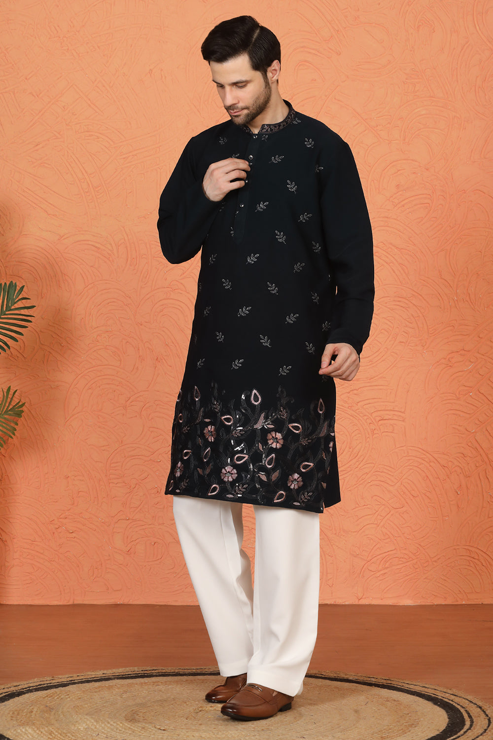 Phool Buta Patti Embroidered Kurta with Loose Fit Parallel Matching Pants