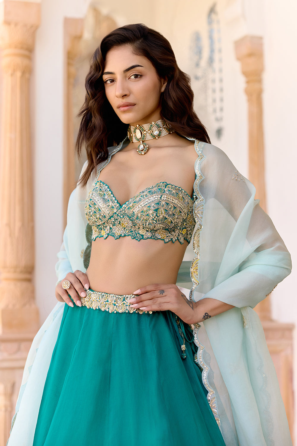 Pine Green Jaal Embroidered Lehenga Set
