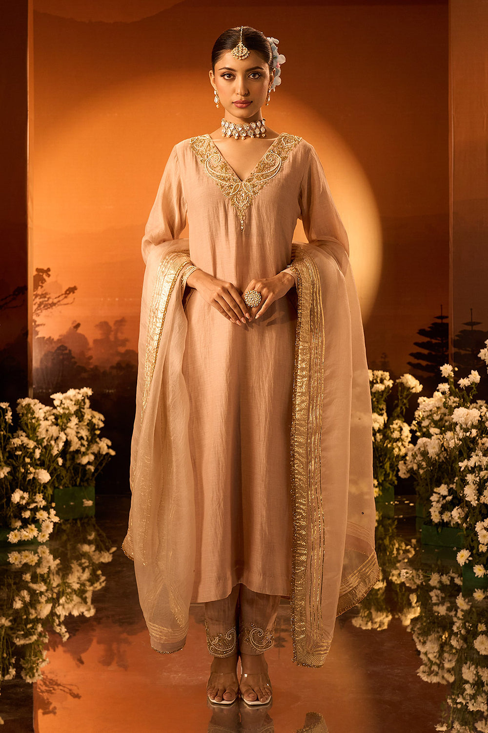 Pink Chanderi Embroidered Kurta Set