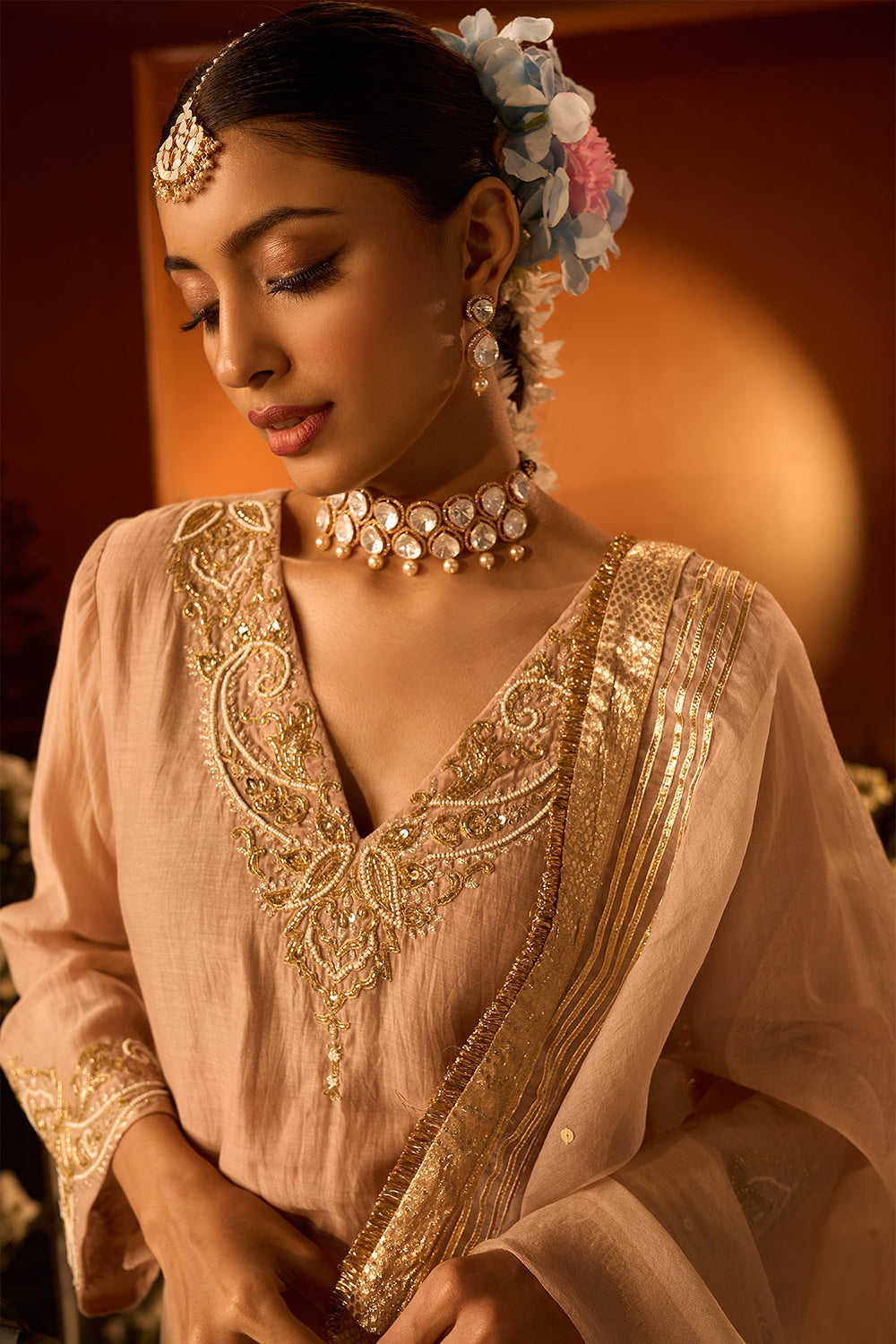 Pink Chanderi Embroidered Kurta Set