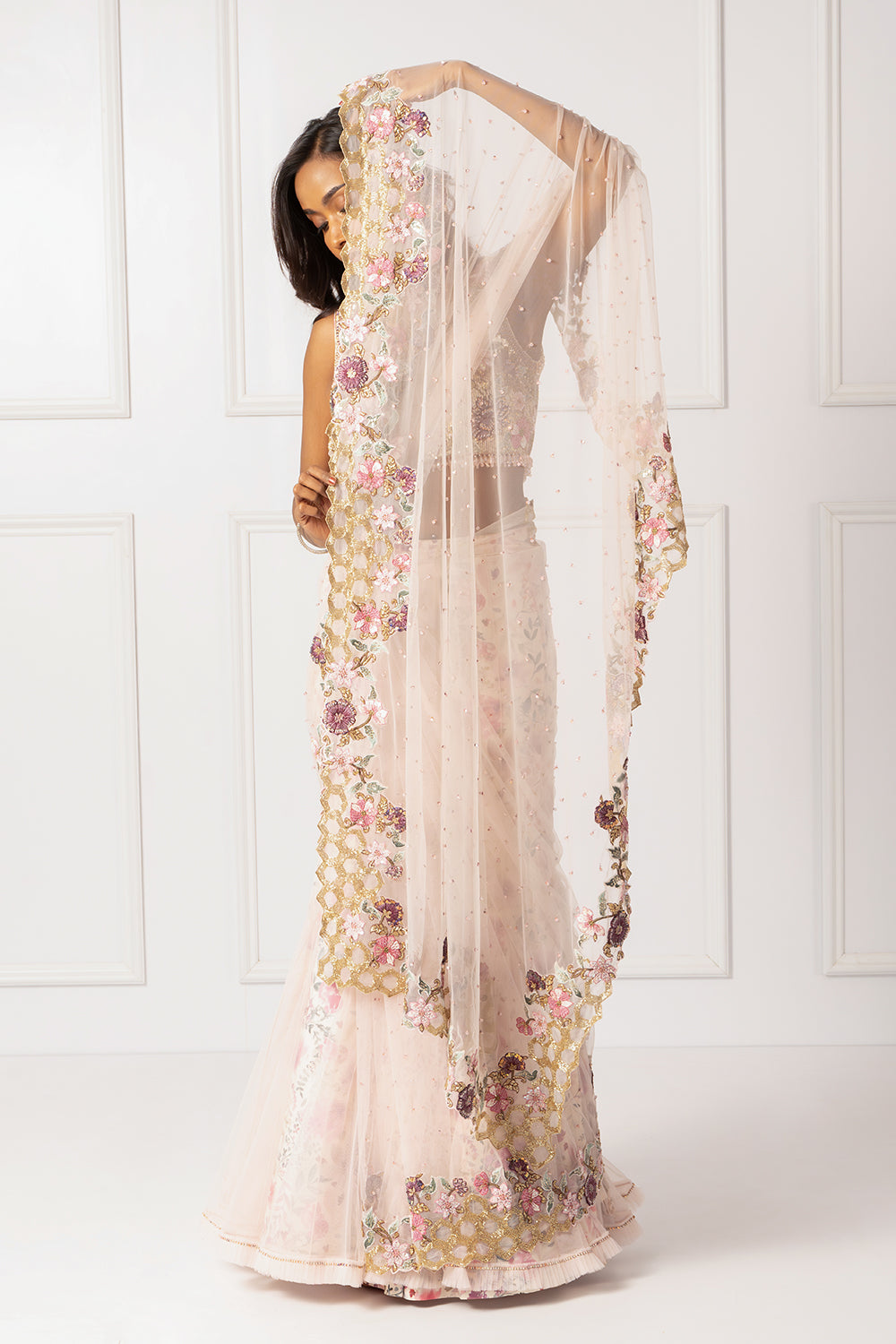 Pink embroidered drape saree set