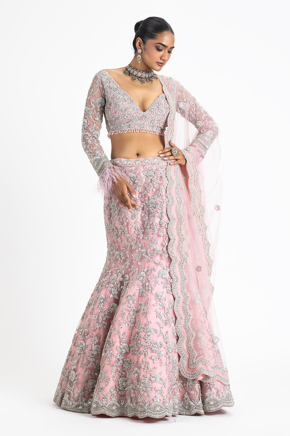Pink Netfistailed Lehenga Set With Choli And Dupatta