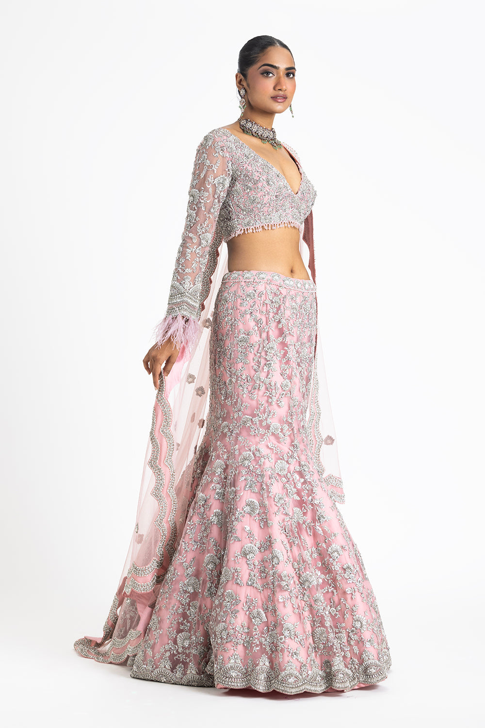 Pink Netfistailed Lehenga Set With Choli And Dupatta