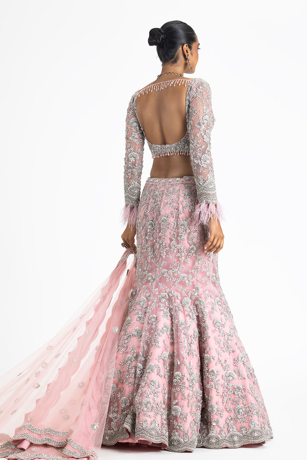Pink Netfistailed Lehenga Set With Choli And Dupatta