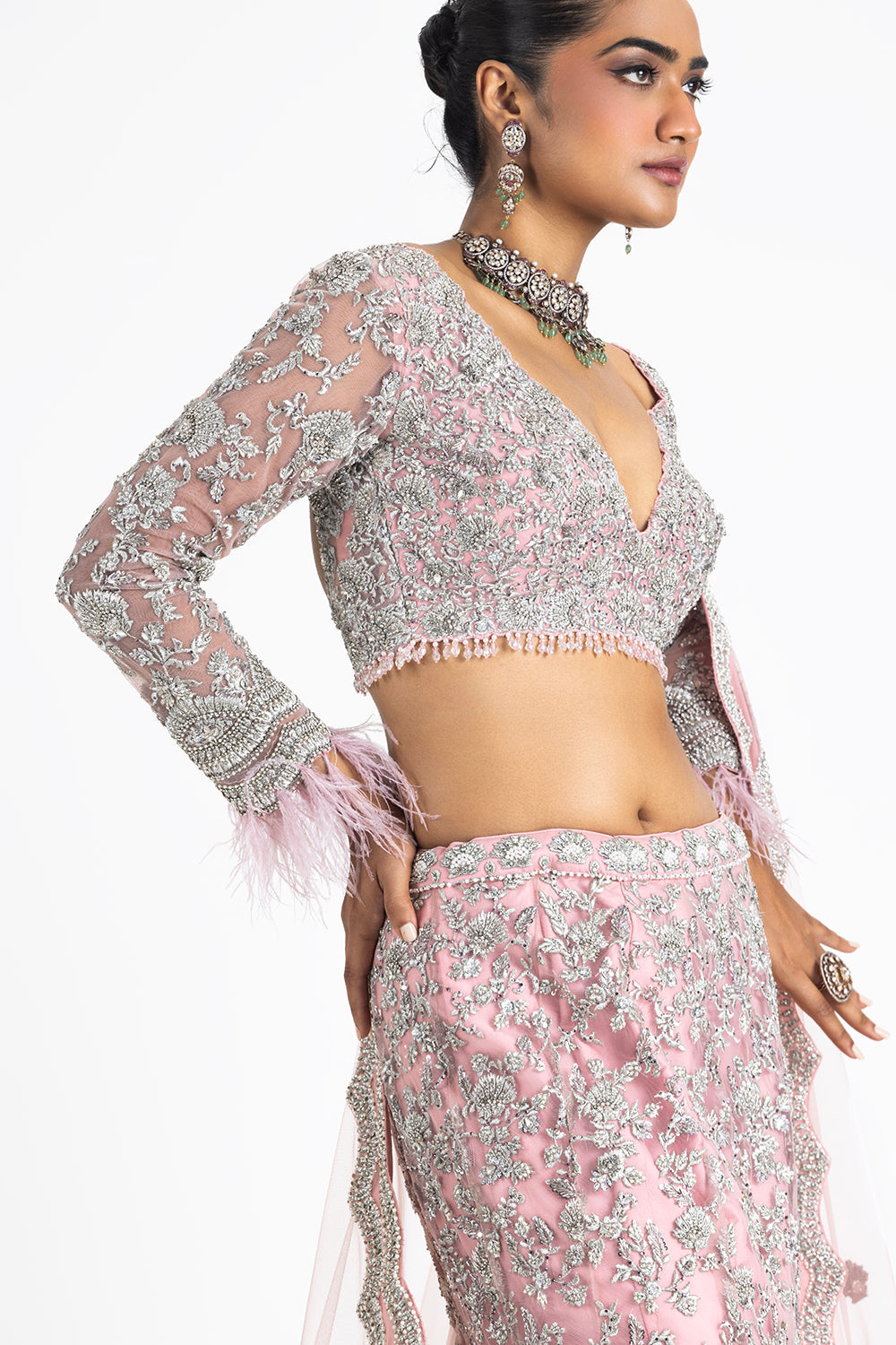 Pink Netfistailed Lehenga Set With Choli And Dupatta
