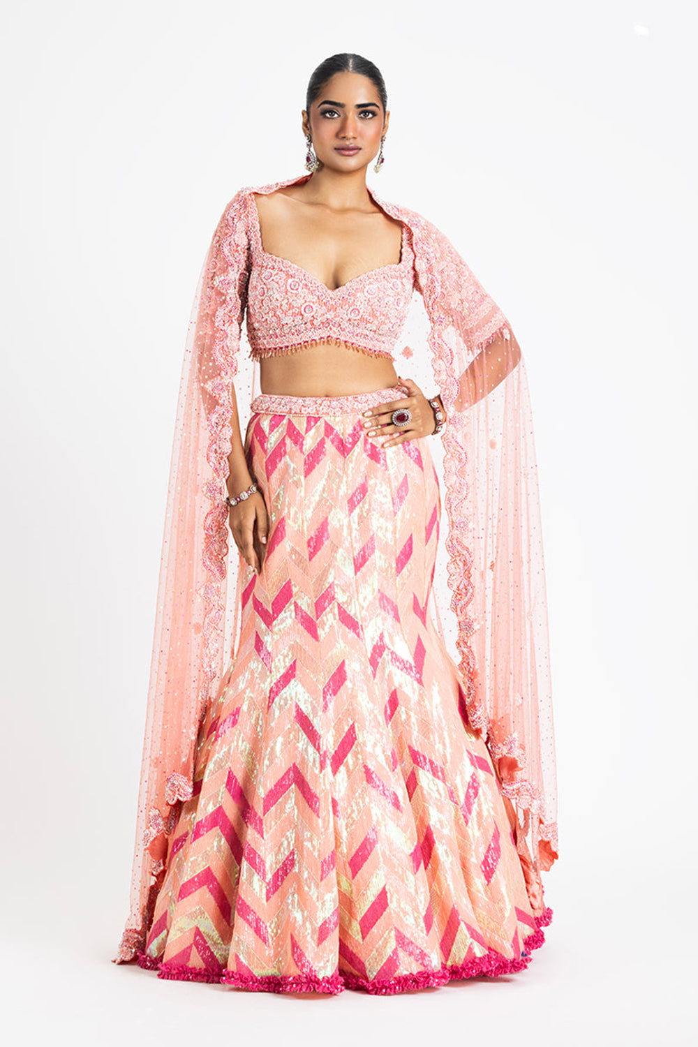 Pink Sequinned Fishtail Lehenga In Zig Zag Pattern With Blouse And Net Dupatta