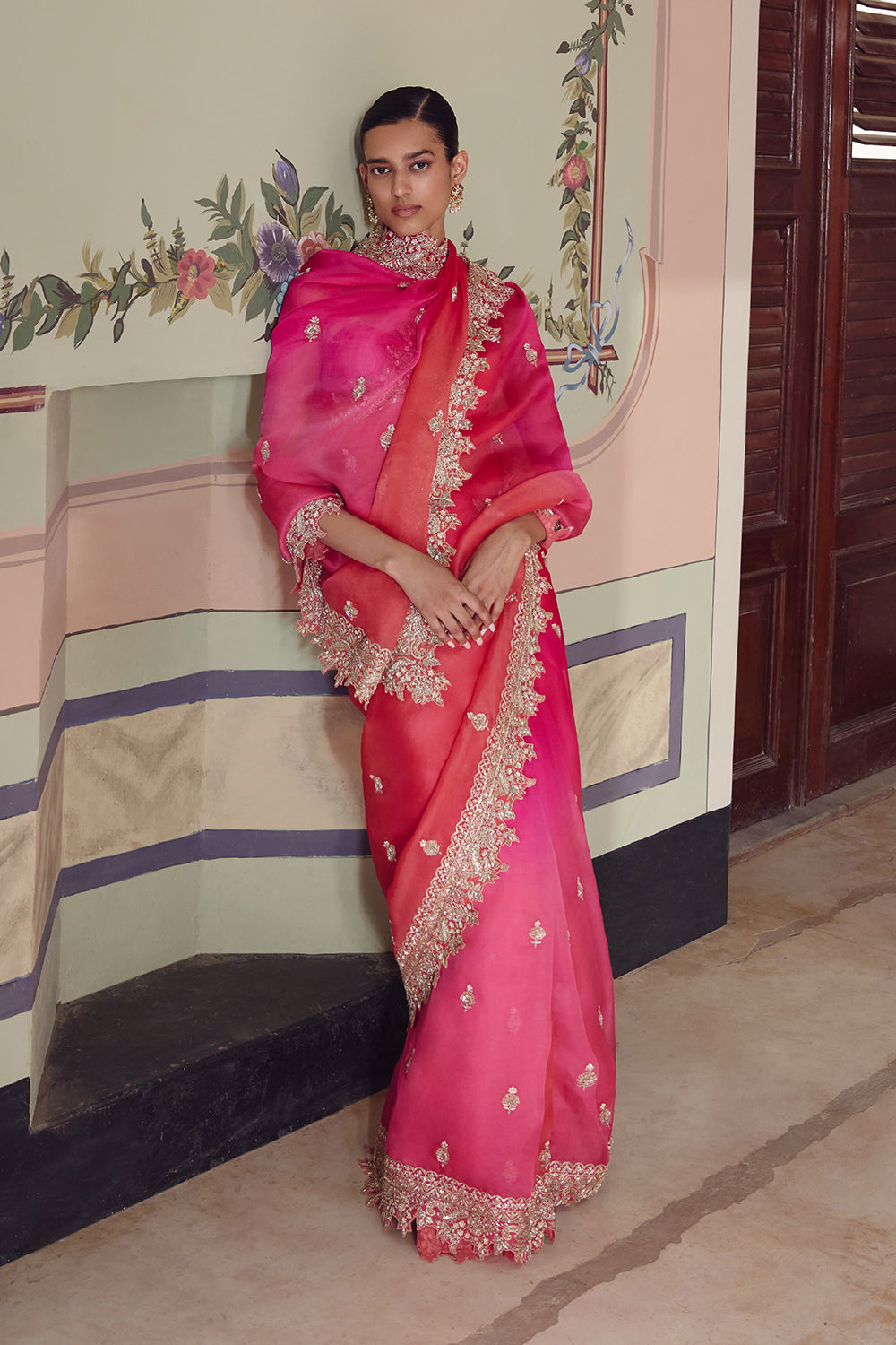 Pink To Red Ombre Sharmaine Saree Set