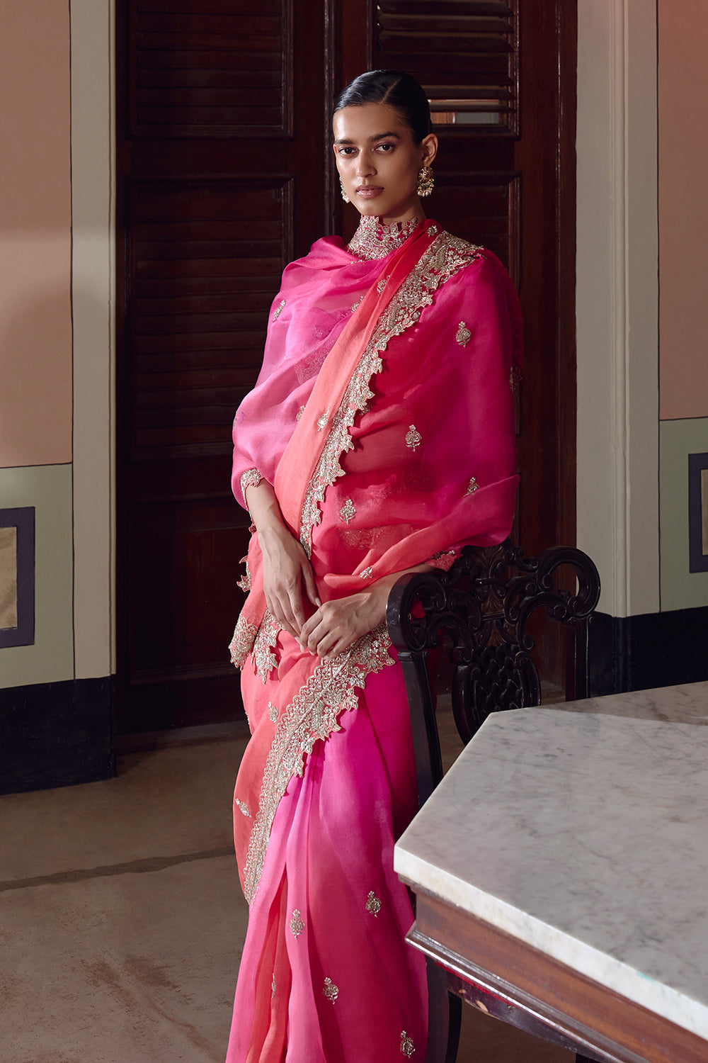 Pink To Red Ombre Sharmaine Saree Set