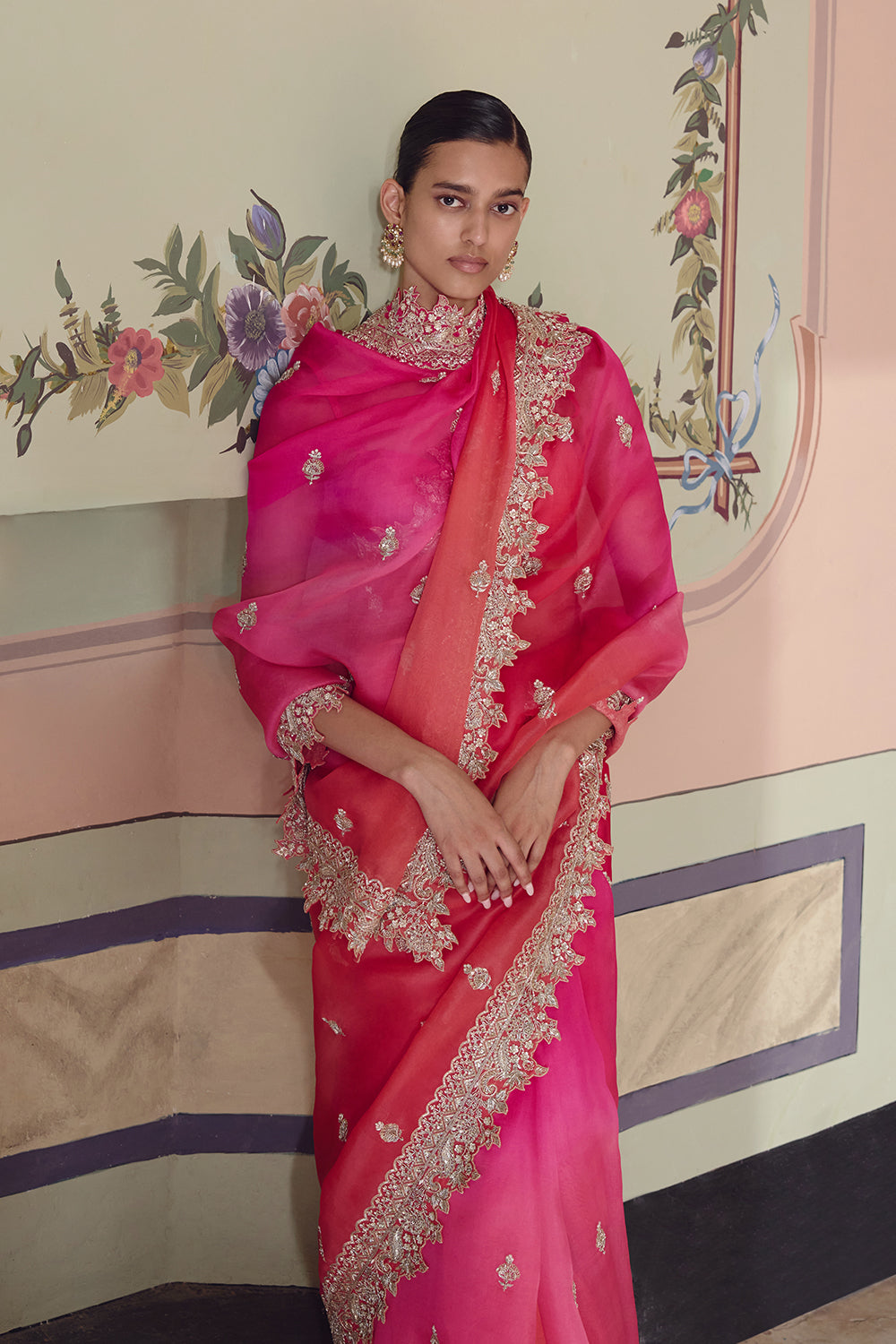 Pink To Red Ombre Sharmaine Saree Set