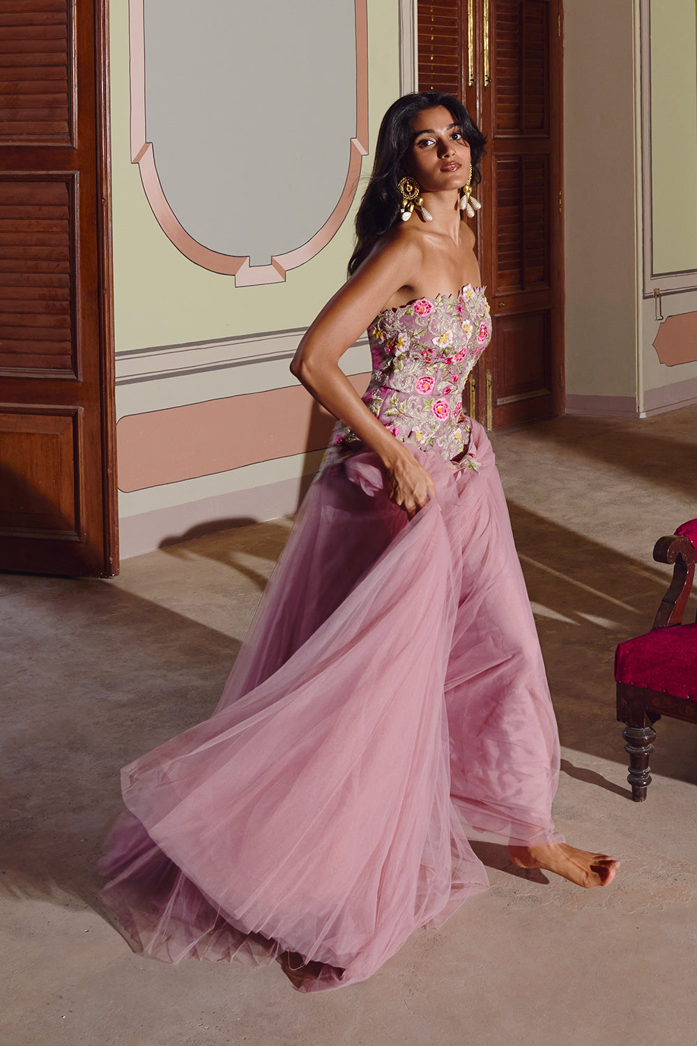 Pink Umang Tube Peplum Top With Skirt