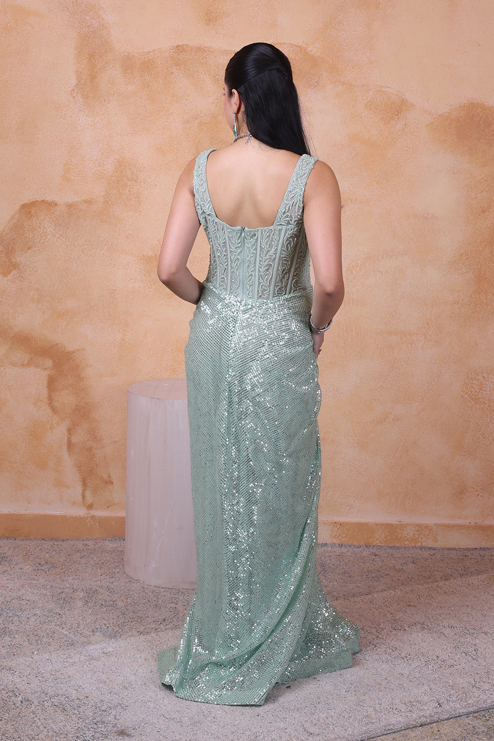 Pista Green Corset Embellished Gown