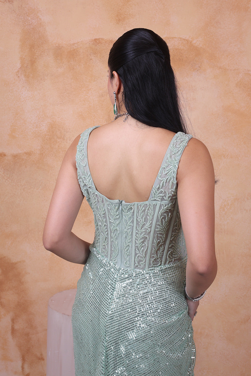 Pista Green Corset Embellished Gown