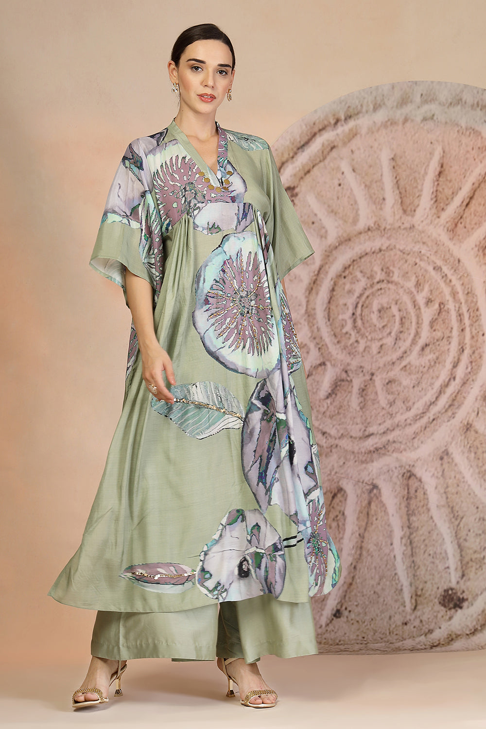 Pista Green Muslin Silk Kurta Set with Coral Print & Bead Embroidery