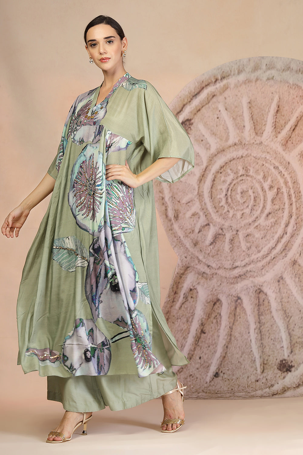 Pista Green Muslin Silk Kurta Set with Coral Print & Bead Embroidery