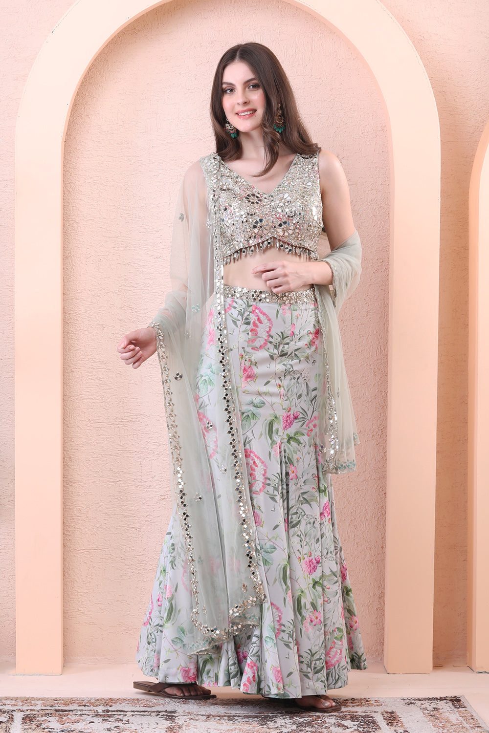 Pistachio Green Paneled Lehenga Set