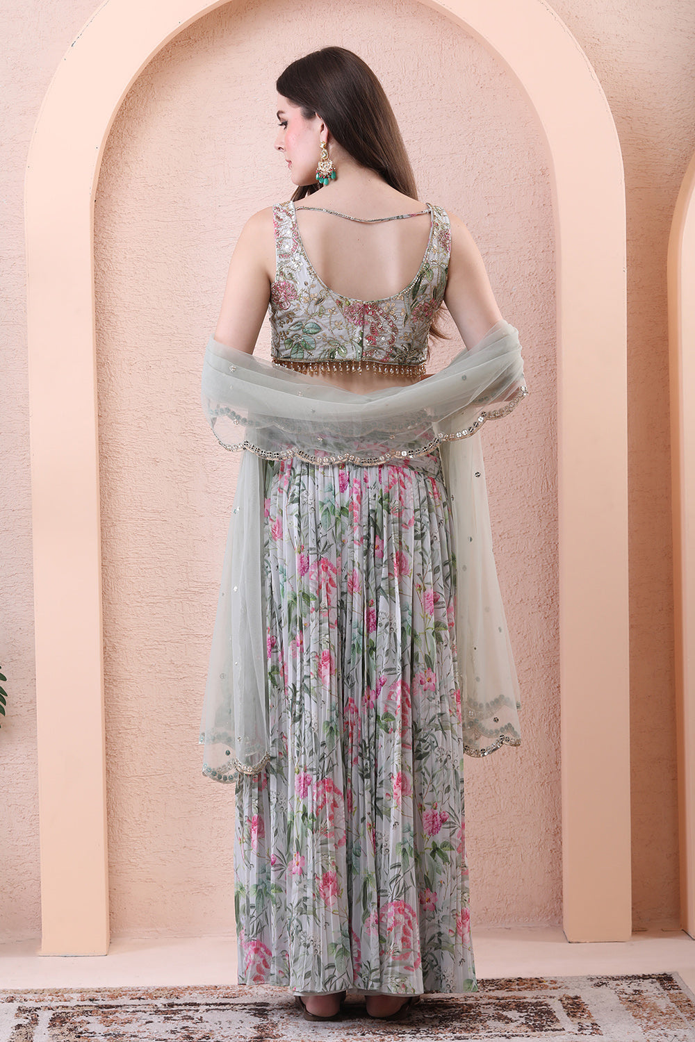 Pistachio Green Printed Pleated Skirt Set