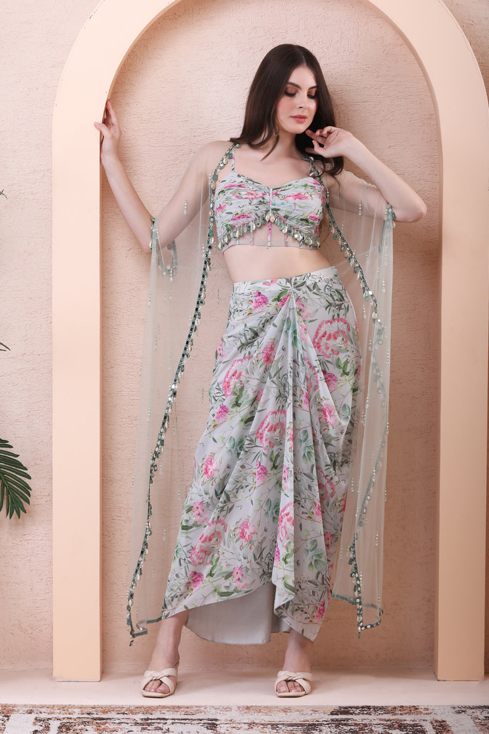 Pistachio Green Printed Skirt With Corset And Cape