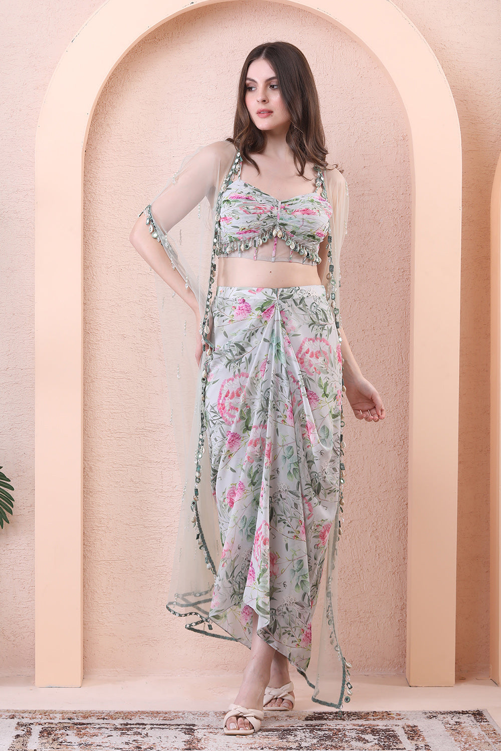 Pistachio Green Printed Skirt With Corset And Cape
