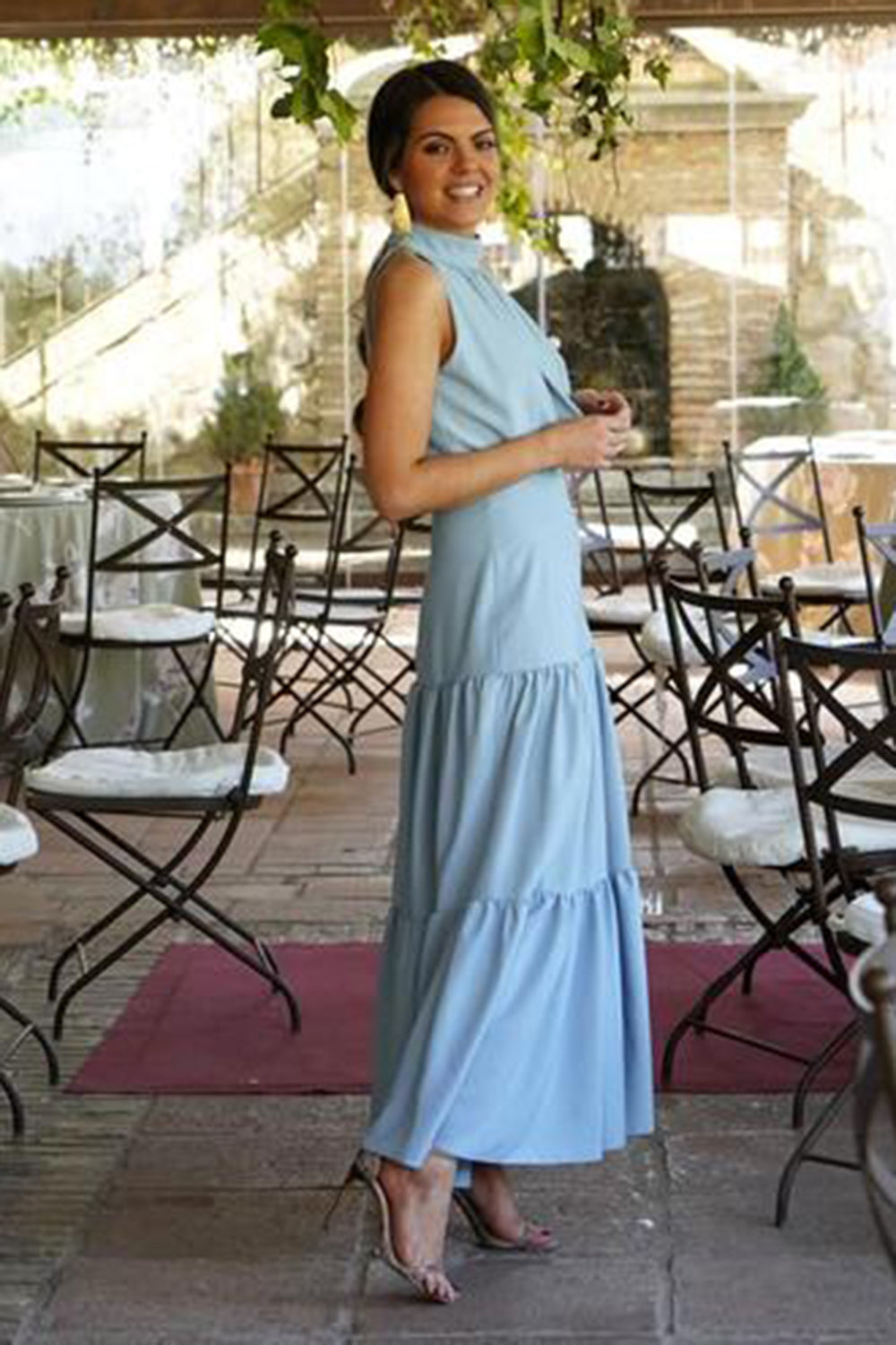 Powder Blue Banana Crepe Halter Neck Tiered Summer Dress